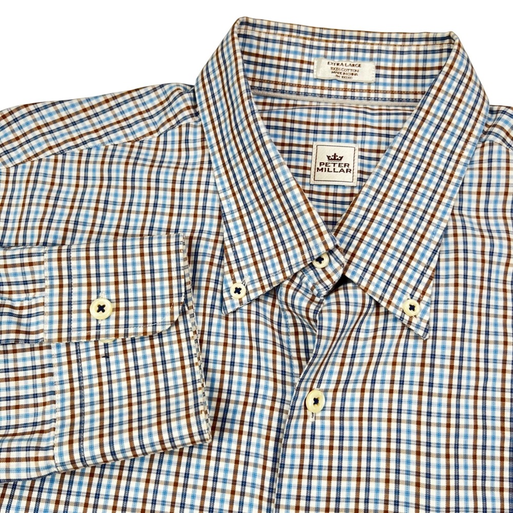 Peter Millar Mens XL Blue Brown Tattersall Check Cotton Button Down Shirt XL